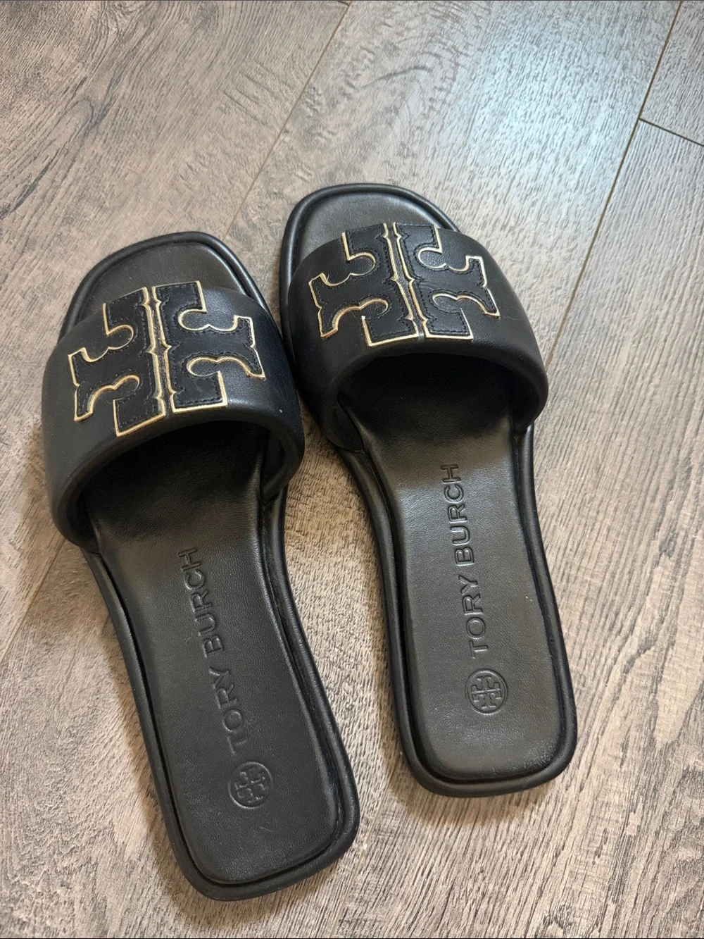 Tory Burch Black Slide Sandals with Gold Logo